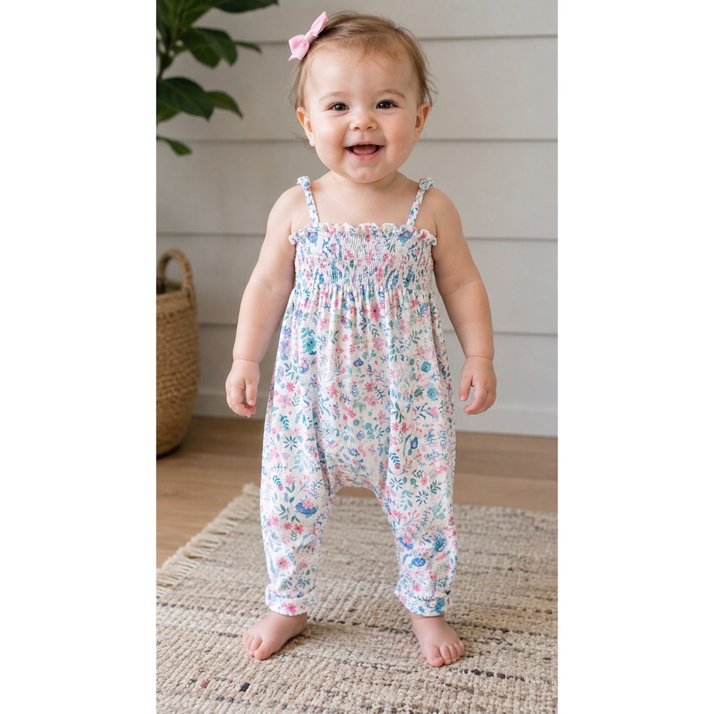 Angel Dear 12-18M Floral Muslin Smocked Harem Romper Jumpsuit Baby Girl